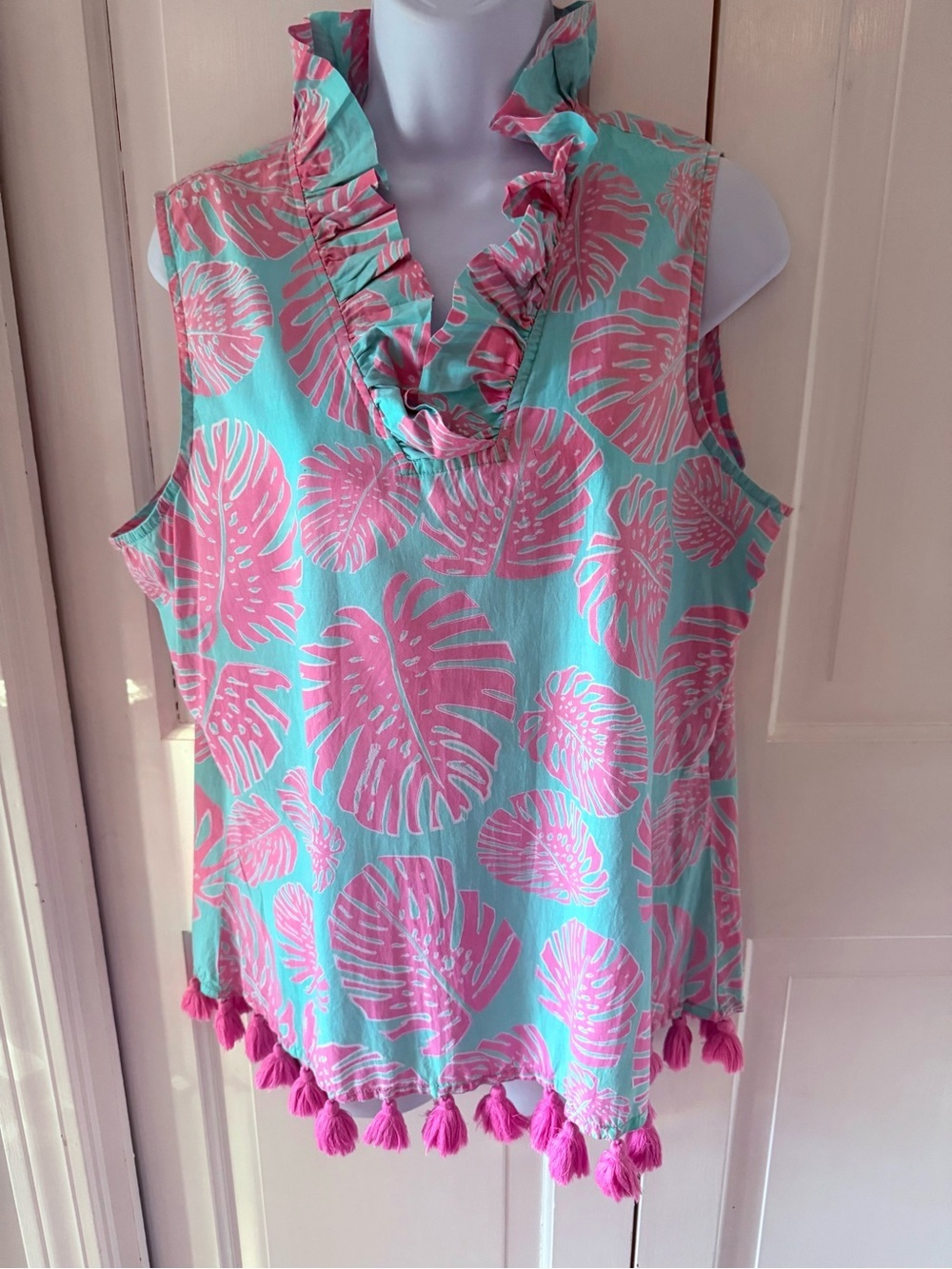 Haley and the Hound Boutique Ruffle Tassel Tank Top in Mint and Pink